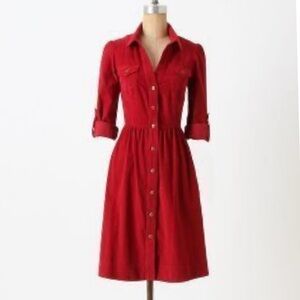 NWT Anthropologie Red Corduroy Button Front Midi Dress